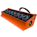 Orange soil compaction roller attachment with black spiked drum and curved front blade viewed from front-left angle