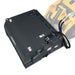 angled view of black MechMaxx 40-inch mini skid steer box broom sweeper showing top and hydraulic hose detail gallery 1