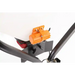 Close-up of orange vibrator motor mounted on black steel frame with white hopper above, gallery position 1