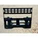 Black steel skid steer mounting plate with reinforced frame and perforated top panel on gravel surface outdoors