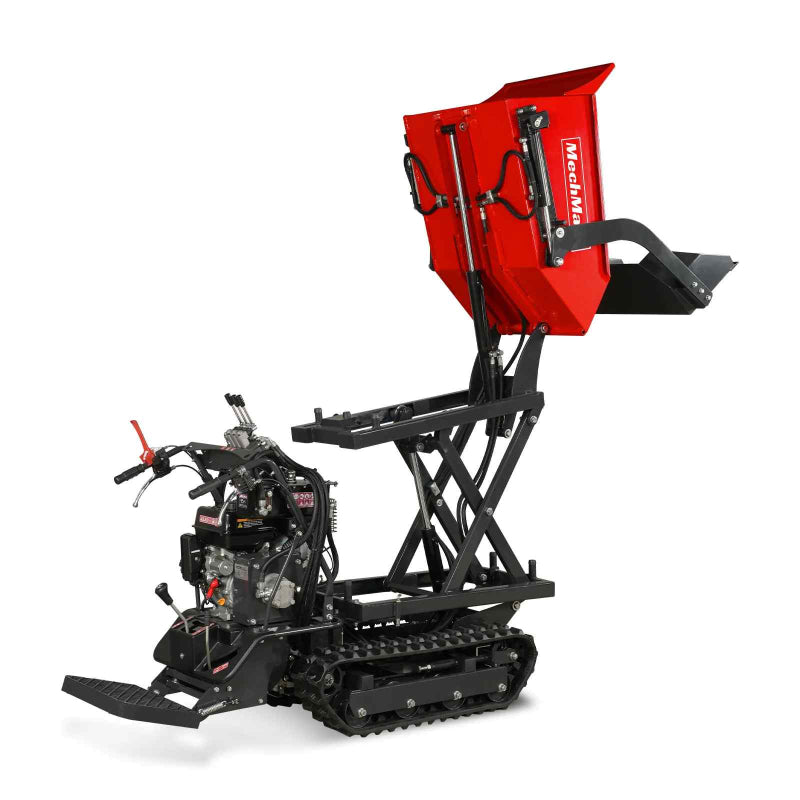 Red MechMaxx D50HTFL mini tracked dumper with hydraulic lift activated, bucket elevated, gallery position 1