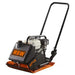 Orange and black plate compactor with white engine and black tubular handle shown on white background