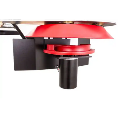 Close-up of red and black Swisher ATV Commercial Pro Spreader distribution plate and electric motor, gallery position 1