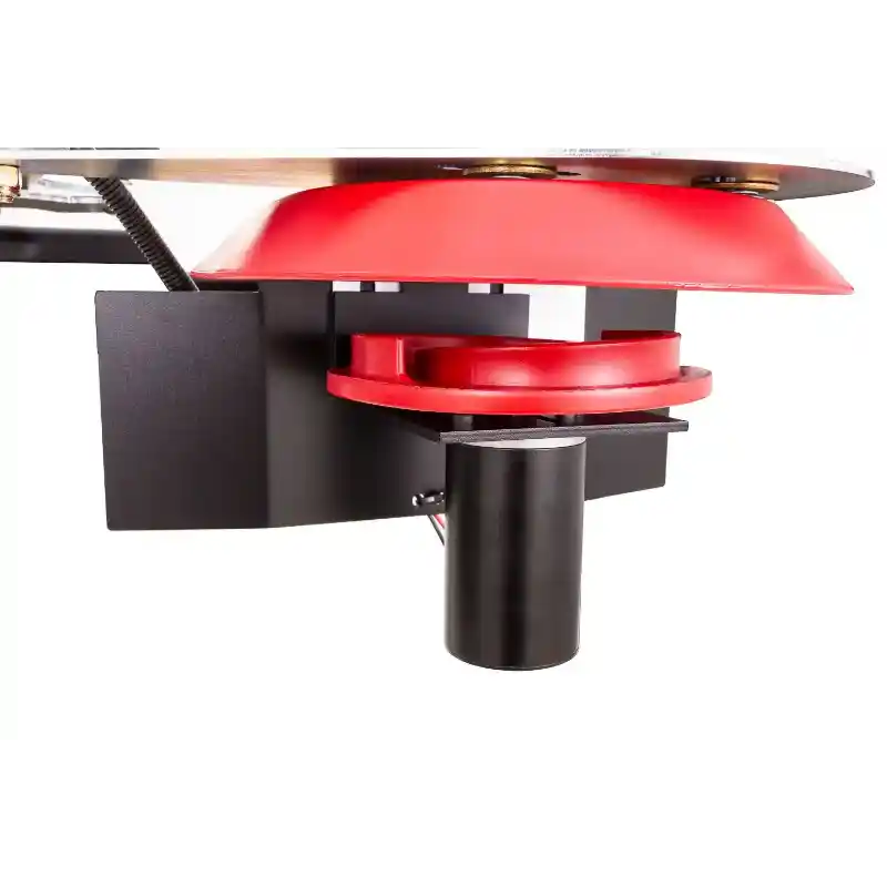 Close-up of red and black Swisher ATV Commercial Pro Spreader distribution plate and electric motor, gallery position 1