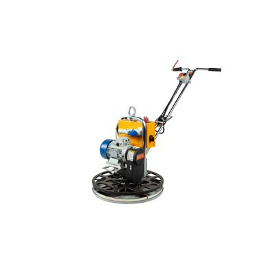 Electric-powered concrete hand trowel with black handlebar, blue motor, and yellow control box on white background