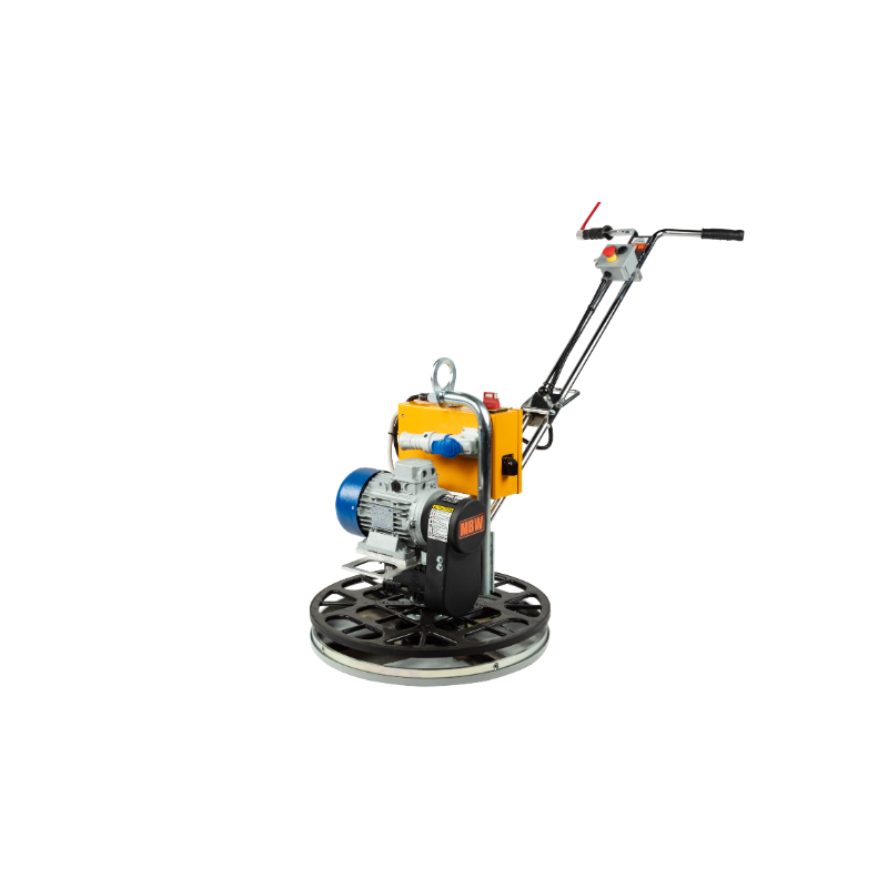 Electric-powered concrete hand trowel with black handlebar, blue motor, and yellow control box on white background