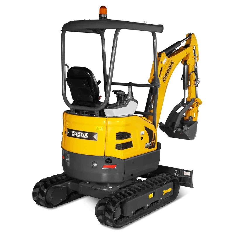 rear and side view of yellow MechMaxx MEC17 mini excavator with Kubota engine and rubber tracks gallery position 1
