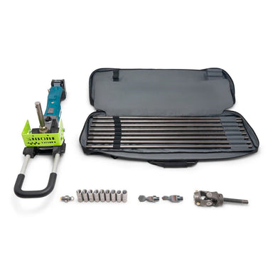 MiniTrencher SB215e electric micro boring drill with Makita motor, drill rods, fittings, and open carrying case gallery position 1