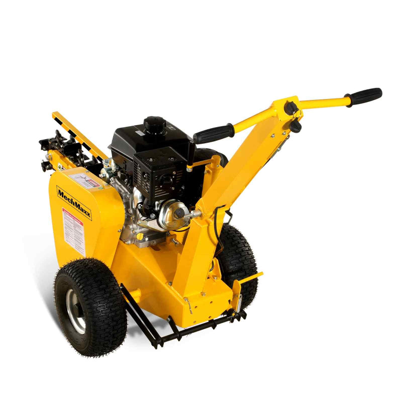 Angled side view of MechMaxx 429cc KOHLER E-start 24-inch ditching mini trencher with yellow frame gallery 1