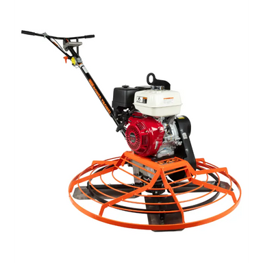 Walk-behind power trowel with orange cage guard, white fuel tank, red engine, and black handlebar on white background