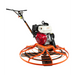 Walk-behind power trowel with orange cage guard, white fuel tank, red engine, and black handlebar on white background