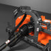 close-up of PTO shaft and hydraulic hose connections on orange MechMaxx 63-inch flail mower at gallery position 1