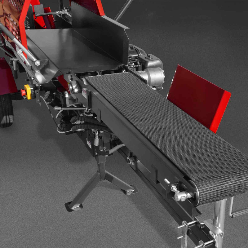 MechMaxx log splitter processor conveyor and discharge chute with adjustable support stand, gallery position 1
