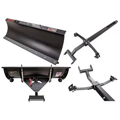 Black steel Swisher 50-inch snow plow blade with mounting brackets and hardware, isolated white background, gallery position 1