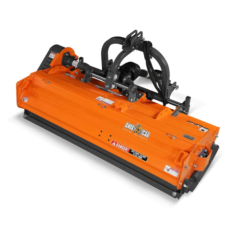 angled front view of orange Angry Bear 72-inch PTO flail mower with three-point hitch at gallery position 1