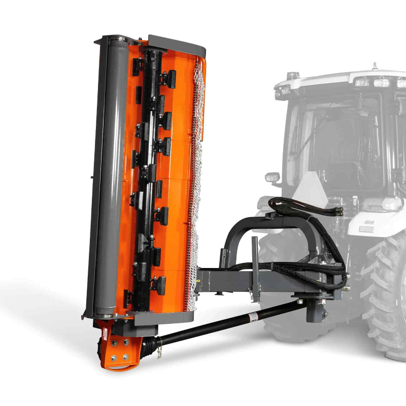 vertical side view of orange MechMaxx 86-inch 3-point offset PTO ditch bank verge flail mower at gallery position 1
