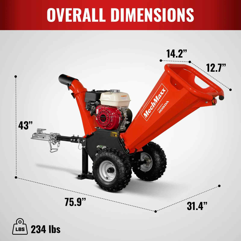 MechMaxx GS650 wood chipper with Honda GX200 engine and towbar showing overall dimensions and weight, gallery position 1