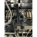 Close-up of black-painted steel hinge bracket with heavy welds and pin on skid steer rock grapple attachment