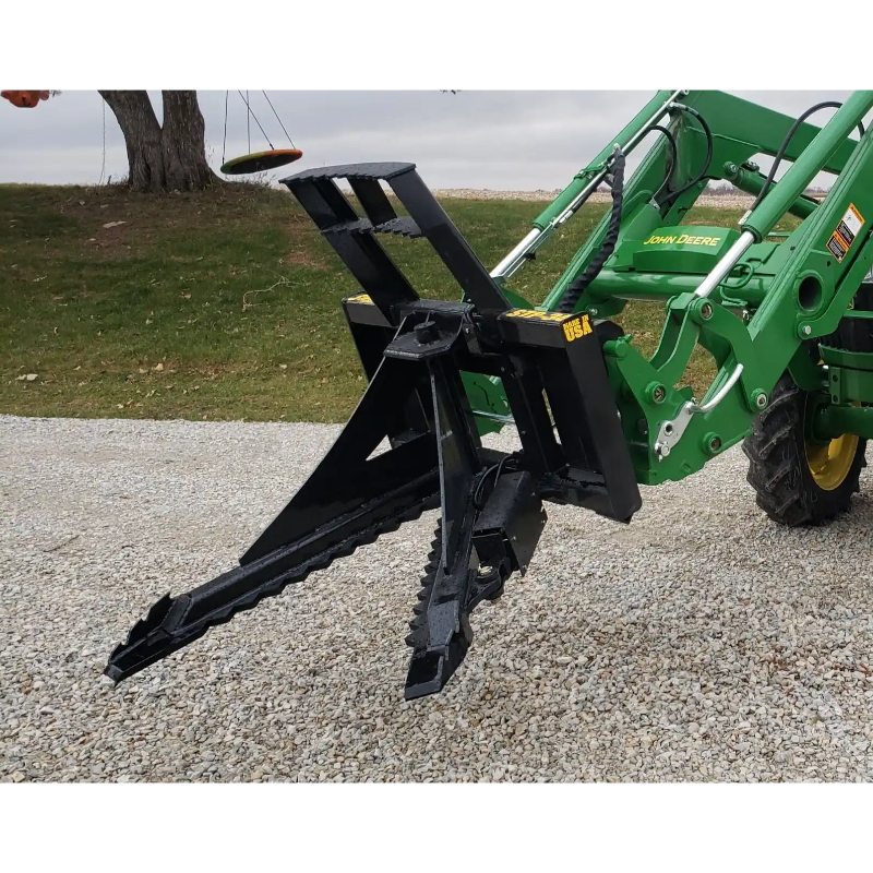 Stinger Attachments STP34 Tractor Tree Puller attached to green John Deere compact tractor, gallery image 10, 800x800 square