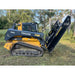 Side view of Deere 333G skid steer with Stinger TF5 Twister brush cutter attachment raised, gallery image 24, 800x800 square