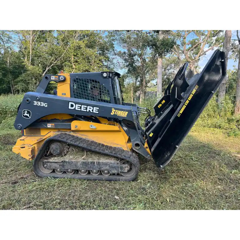 Side view of Deere 333G skid steer with Stinger TF5 Twister brush cutter attachment raised, gallery image 24, 800x800 square