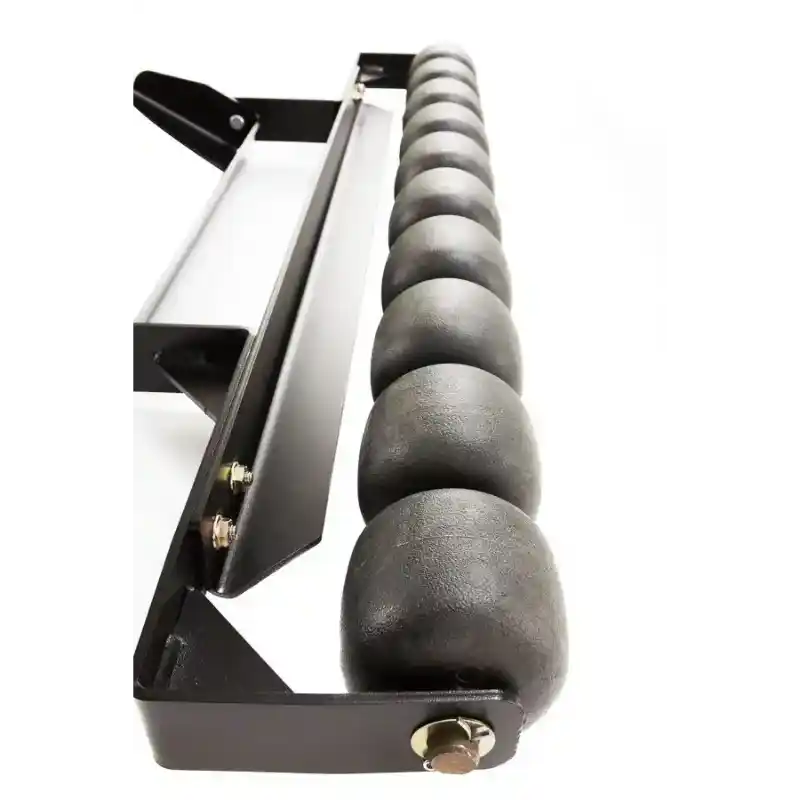 Close-up of lineup of black striper wheels on metal frame for Swisher 38-inch Striper Wheel Kit, gallery position 1