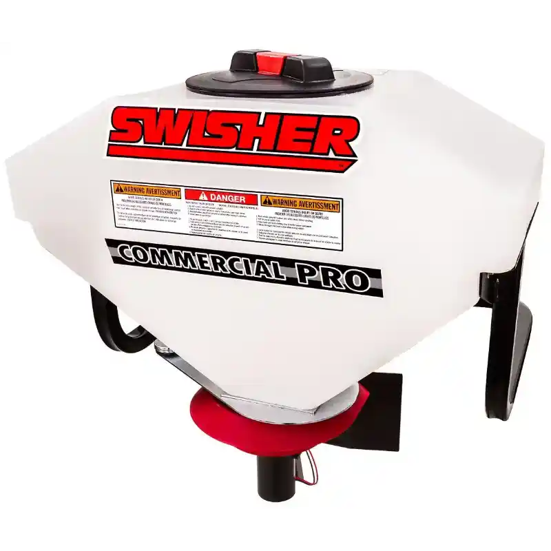 White Swisher Commercial Pro ATV spreader with red and black decals isolated on white background, gallery position 1