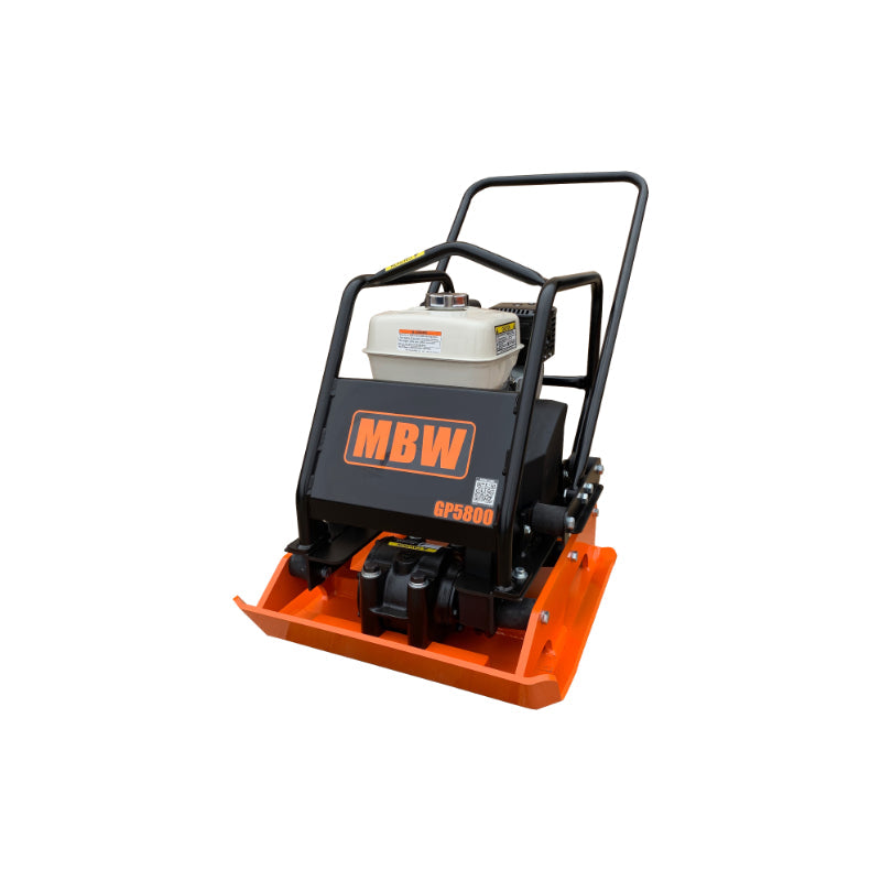 Plate compactor with bright orange base plate, black protective frame, white fuel tank, MBW logo panel, and rear handlebar