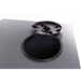 Open circular black access hatch with lid raised on top of Swisher Drop Feeder, gallery position 1, white background