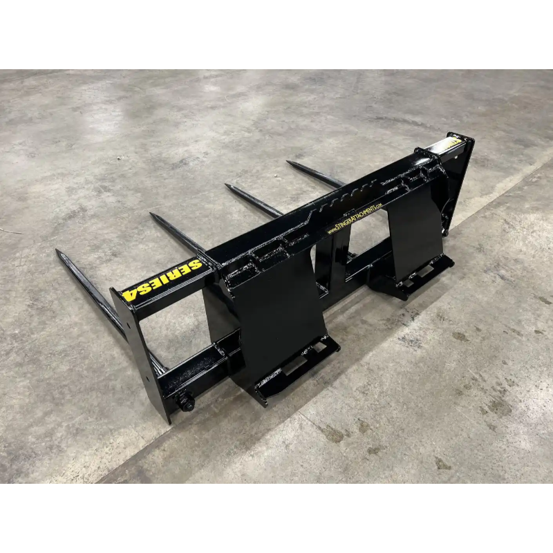 Black heavy metal skid steer attachment with three tines and yellow "SERIES 4" label on concrete floor