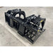 Black steel tractor root and rock grapple attachment with dual hydraulic cylinders and reinforced frame on concrete floor