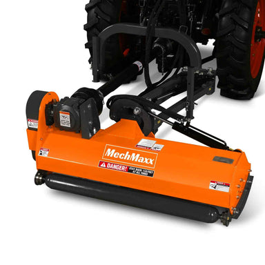 Close-up front view of orange MechMaxx 48-inch PTO 3-point offset flail ditch bank mower connected to tractor, gallery position 1
