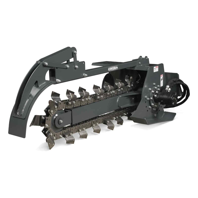 angled view of gray MechMaxx 20-inch cutting depth mini skid steer trencher attachment gallery position 1