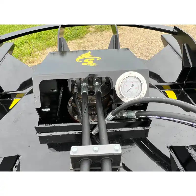 Close-up of Stinger Attachments TF5 Twister brush cutter hydraulic connections and pressure gauge, gallery image 10, 800x800 square view