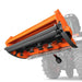 underside view of orange MechMaxx 63-inch PTO flail mower showing blades and chain curtain at gallery position 1