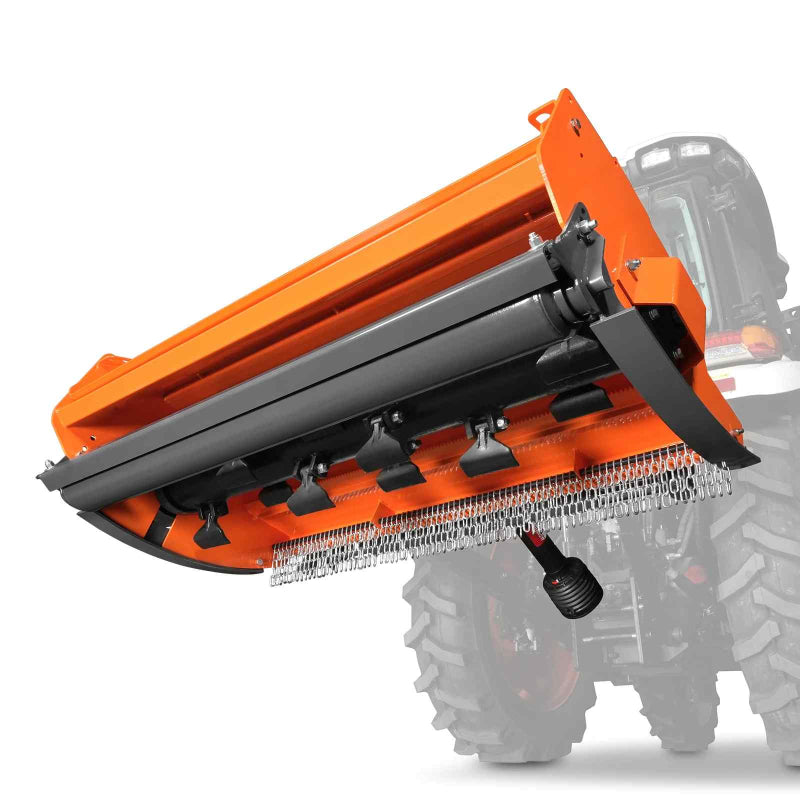 underside view of orange MechMaxx 63-inch PTO flail mower showing blades and chain curtain at gallery position 1
