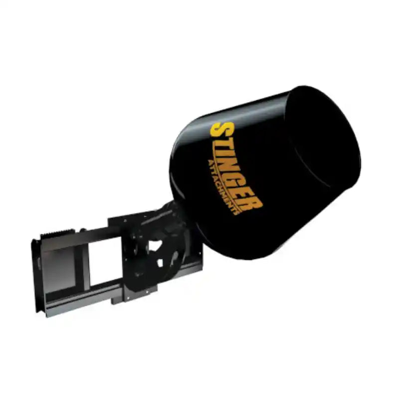 Black Stinger concrete mixer attachment with yellow logo and steel mounting bracket on white background