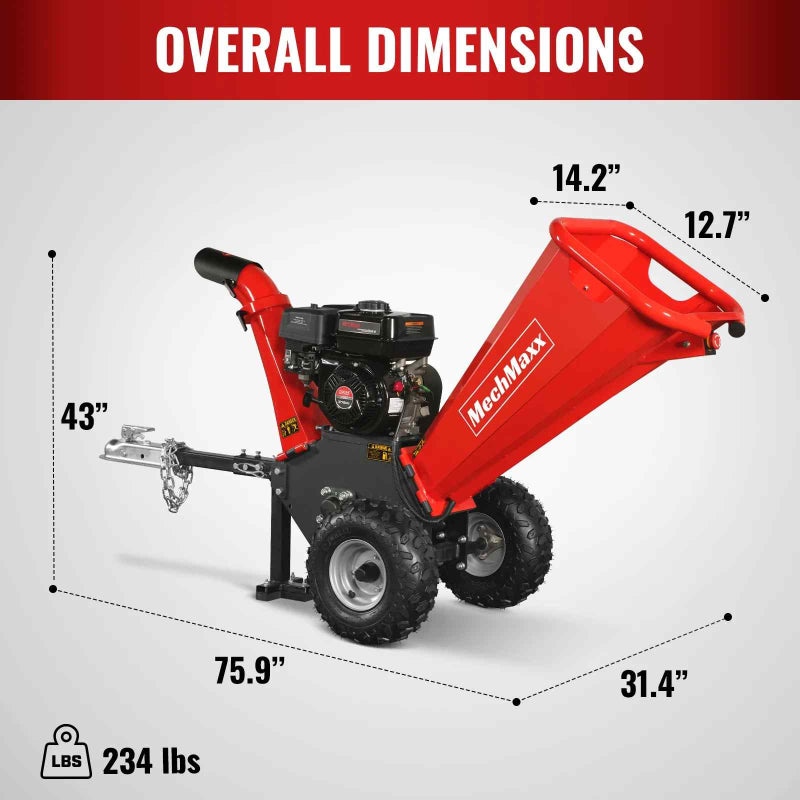 Side angle of red MechMaxx GS650 wood chipper with towbar showing overall dimensions and weight details
