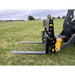 Black steel skid steer pallet fork attachment with perforated backrest and two extended fork tines on grass field