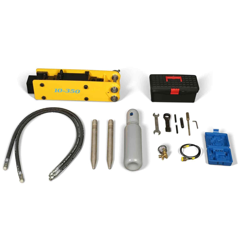 yellow hydraulic hammer breaker attachment model 10-350 with two chisels, hoses, toolbox, and accessory tools laid out gallery position 1