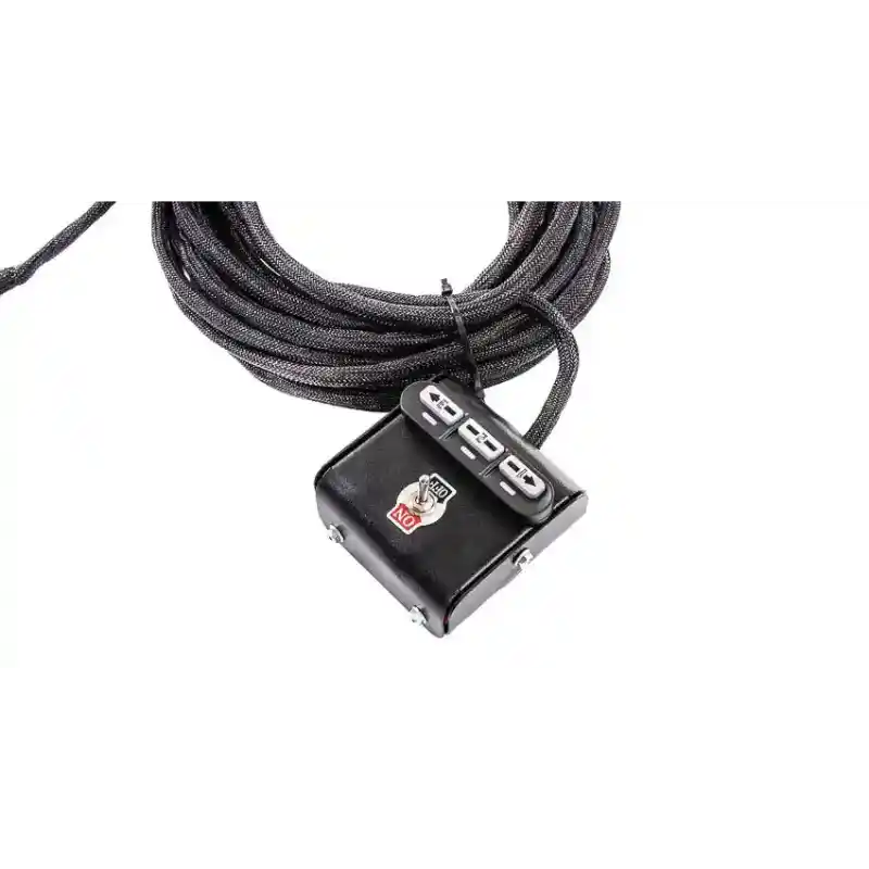 Black wired remote control with three buttons and long coiled cord, gallery position 1