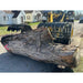 Yellow loader with black grapple attachment holding large cut tree trunk on residential street pavement