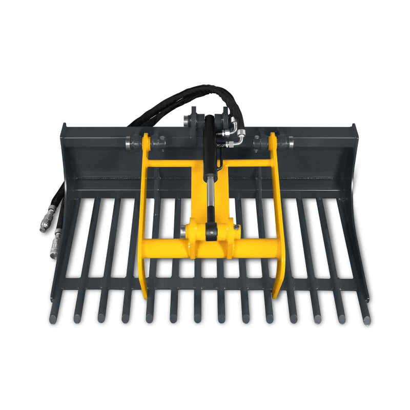 top-down frontal view of MechMaxx 20-inch mini skid steer rock grapple bucket showing black tines and yellow hydraulic grapple assembly gallery position 1