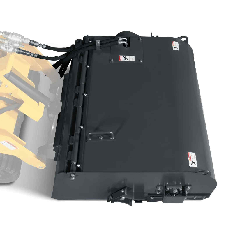 top angled view of black MechMaxx 40-inch mini skid steer box broom sweeper attachment at gallery position 1