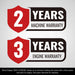 Graphic showing 2-year warranty for machine and 3-year warranty for engine for MechMaxx wood chipper, gallery 1