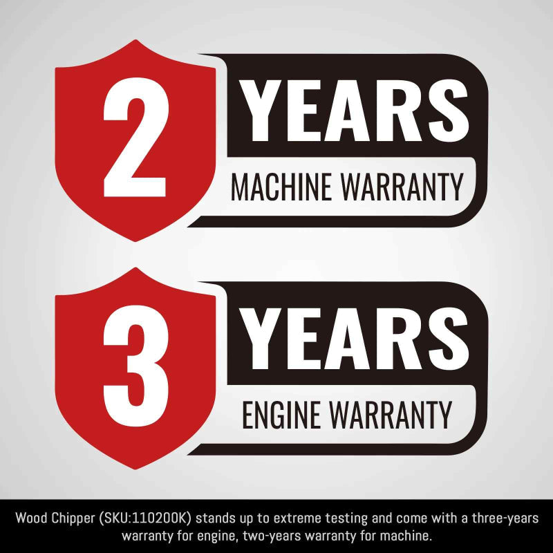 Graphic showing 2-year warranty for machine and 3-year warranty for engine for MechMaxx wood chipper, gallery 1