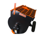 Tow-behind mortar mixer with black drum, orange safety grate, and pneumatic tire on white background