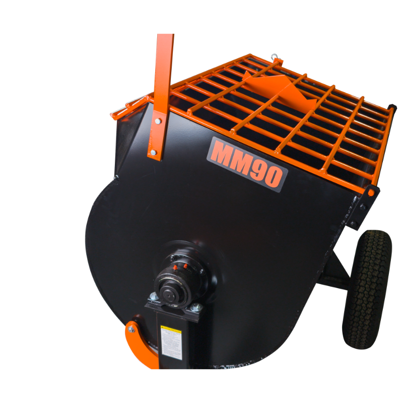 Tow-behind mortar mixer with black drum, orange safety grate, and pneumatic tire on white background