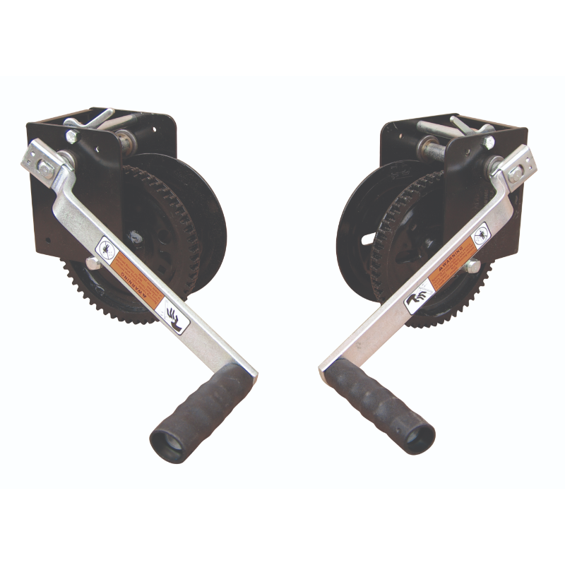 Pair of black metal crank handles with grip ends and gear mechanisms, isolated on white background, gallery position 1