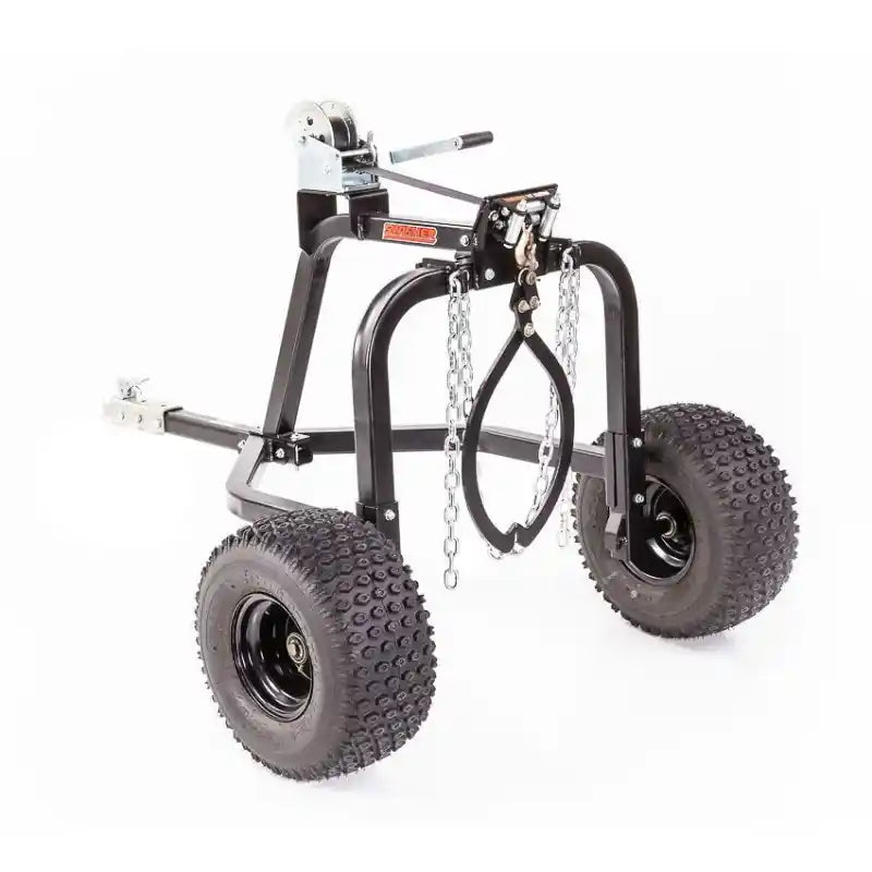 Three-quarter view of Swisher ATV log skidder with skidding claw, hand crank winch, and knobby pneumatic tires, gallery position 1